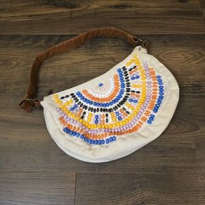 Aldo Beaded Hobo Bag Cream Canvas Leather Strap Boho Shoulder Purse India